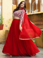 Red Color Georgette Fabric Thread With Sequence Embroidery Work Lehenga