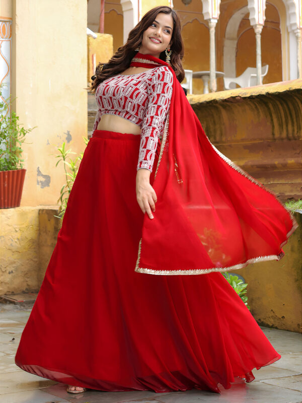 Red Color Georgette Fabric Thread With Sequence Embroidery Work Lehenga