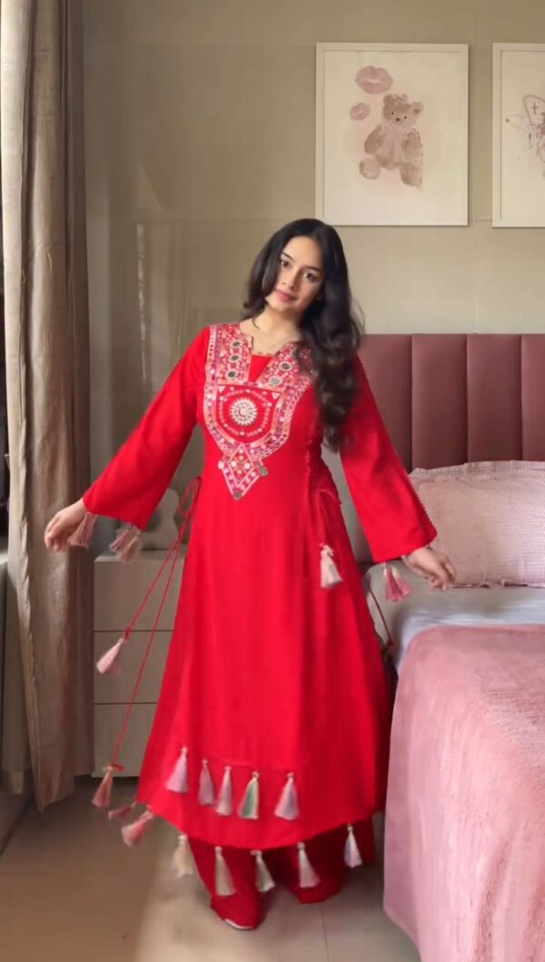 Red Color Rayon Fabric Peplum Style Top Suit