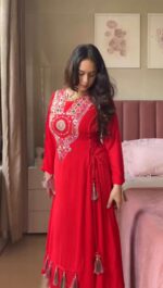 Red Color Rayon Fabric Peplum Style Top Suit