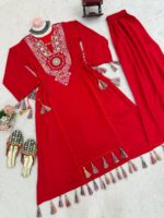 Red Color Rayon Fabric Peplum Style Top Suit