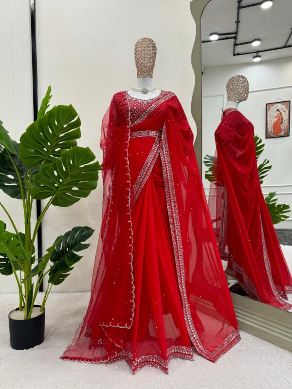Red Color Tabby Silk Fabric Sequence With Pearl Work Karva Chauth Saree