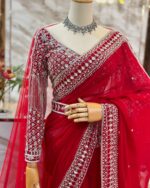 Red Color Tabby Silk Fabric Sequence With Pearl Work Karva Chauth Saree