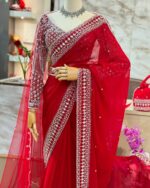 Red Color Tabby Silk Fabric Sequence With Pearl Work Karva Chauth Saree