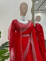 Red Color Tabby Silk Fabric Sequence With Pearl Work Karva Chauth Saree