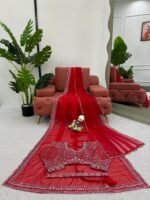 Red Color Tabby Silk Fabric Sequence With Pearl Work Karva Chauth Saree