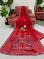 Red Color Tabby Silk Fabric Sequence With Pearl Work Karva Chauth Saree