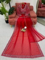 Red Color Tabby Silk Fabric Sequence With Pearl Work Karva Chauth Saree