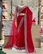 Red Color Tabby Silk Fabric Sequence With Pearl Work Karva Chauth Saree