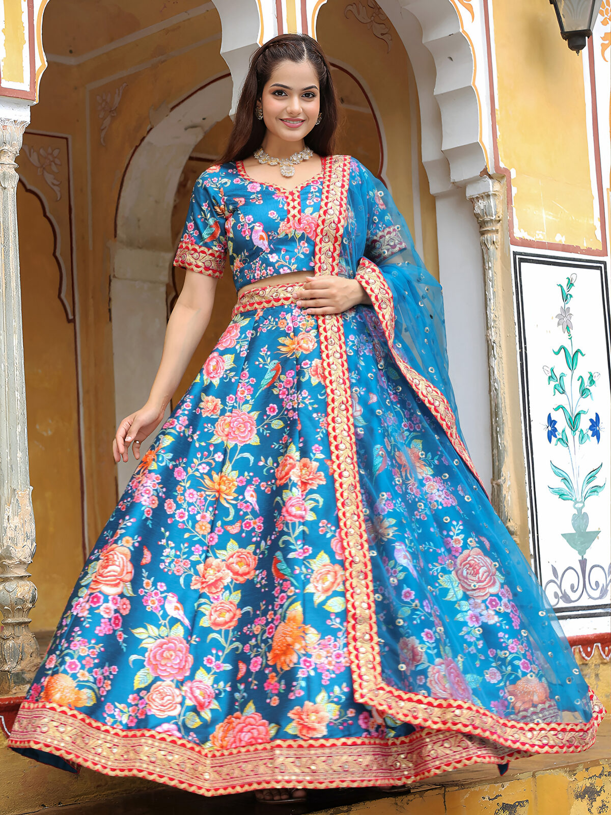 Rose Designer Blue Color Art Silk Fabric Floral Print Embroidery Diamond Work Lehenga