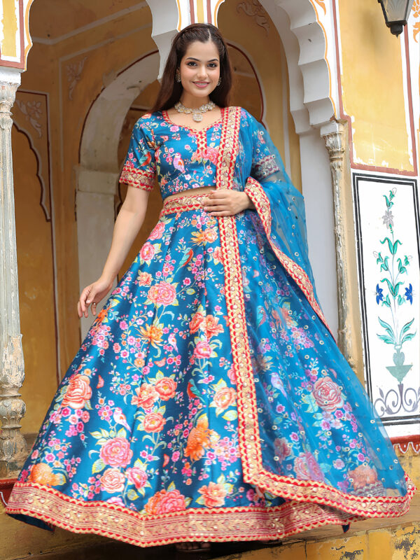 Rose Designer Blue Color Art Silk Fabric Floral Print Embroidery Diamond Work Lehenga