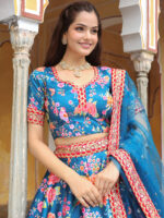 Rose Designer Blue Color Art Silk Fabric Floral Print Embroidery Diamond Work Lehenga