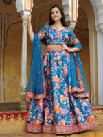 Rose Designer Blue Color Art Silk Fabric Floral Print Embroidery Diamond Work Lehenga
