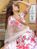 Rose Designer White Color Art Silk Fabric Floral Print Embroidery Diamond Work Lehenga