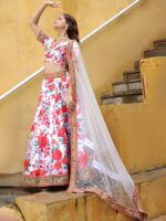 Rose Designer White Color Art Silk Fabric Floral Print Embroidery Diamond Work Lehenga
