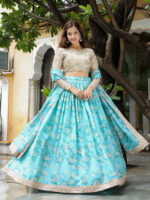 Sky Blue Color Organza Fabric Floral Print Thread With Sequence Work Lehenga