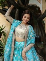 Sky Blue Color Organza Fabric Floral Print Thread With Sequence Work Lehenga