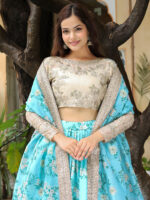 Sky Blue Color Organza Fabric Floral Print Thread With Sequence Work Lehenga