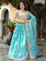Sky Blue Color Organza Fabric Floral Print Thread With Sequence Work Lehenga