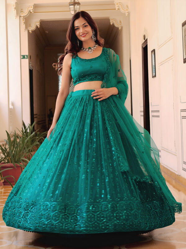 Teal Green Color Soft Net Fabric Sequence Embroidery Pearl Work Lehenga