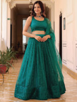 Teal Green Color Soft Net Fabric Sequence Embroidery Pearl Work Lehenga