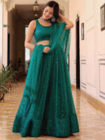 Teal Green Color Soft Net Fabric Sequence Embroidery Pearl Work Lehenga