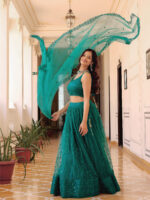 Teal Green Color Soft Net Fabric Sequence Embroidery Pearl Work Lehenga
