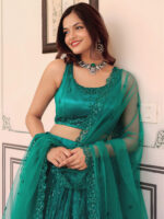Teal Green Color Soft Net Fabric Sequence Embroidery Pearl Work Lehenga