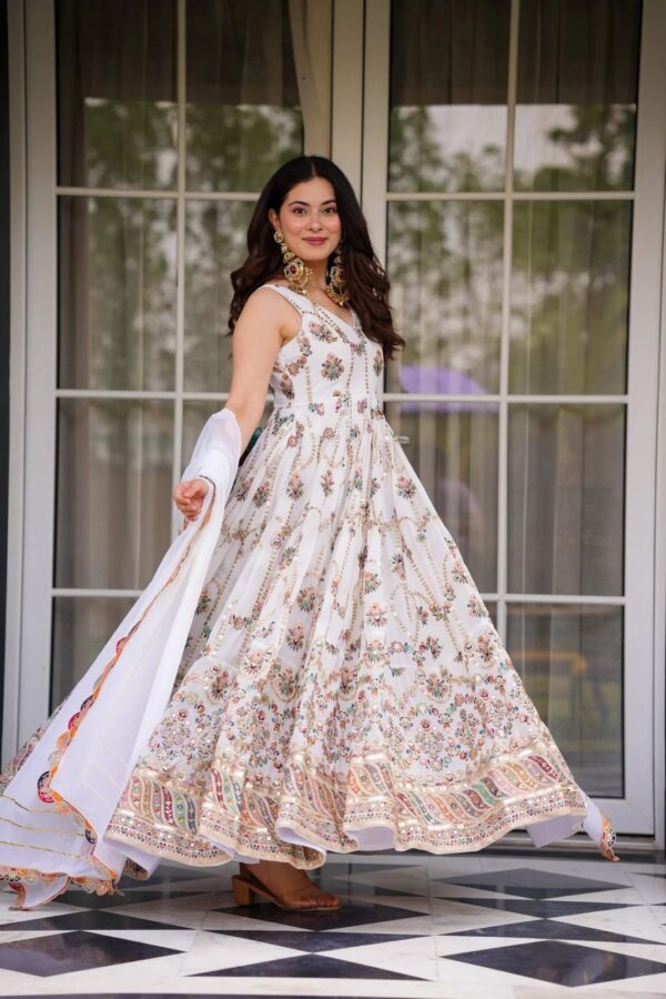 White Color Faux Georgette Fabric Thread With Sequence Work Suit