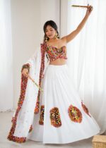 White Color Heavy Rayon Fabric Gamthi Thread With Mirror Work Navratri Lehenga