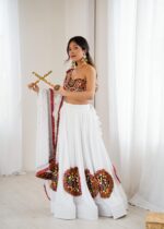 White Color Heavy Rayon Fabric Gamthi Thread With Mirror Work Navratri Lehenga