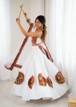 White Color Heavy Rayon Fabric Gamthi Thread With Mirror Work Navratri Lehenga