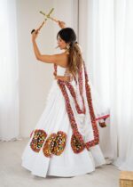 White Color Heavy Rayon Fabric Gamthi Thread With Mirror Work Navratri Lehenga