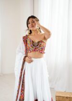 White Color Heavy Rayon Fabric Gamthi Thread With Mirror Work Navratri Lehenga