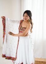 White Color Heavy Rayon Fabric Gamthi Thread With Mirror Work Navratri Lehenga