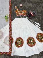 White Color Heavy Rayon Fabric Gamthi Thread With Mirror Work Navratri Lehenga
