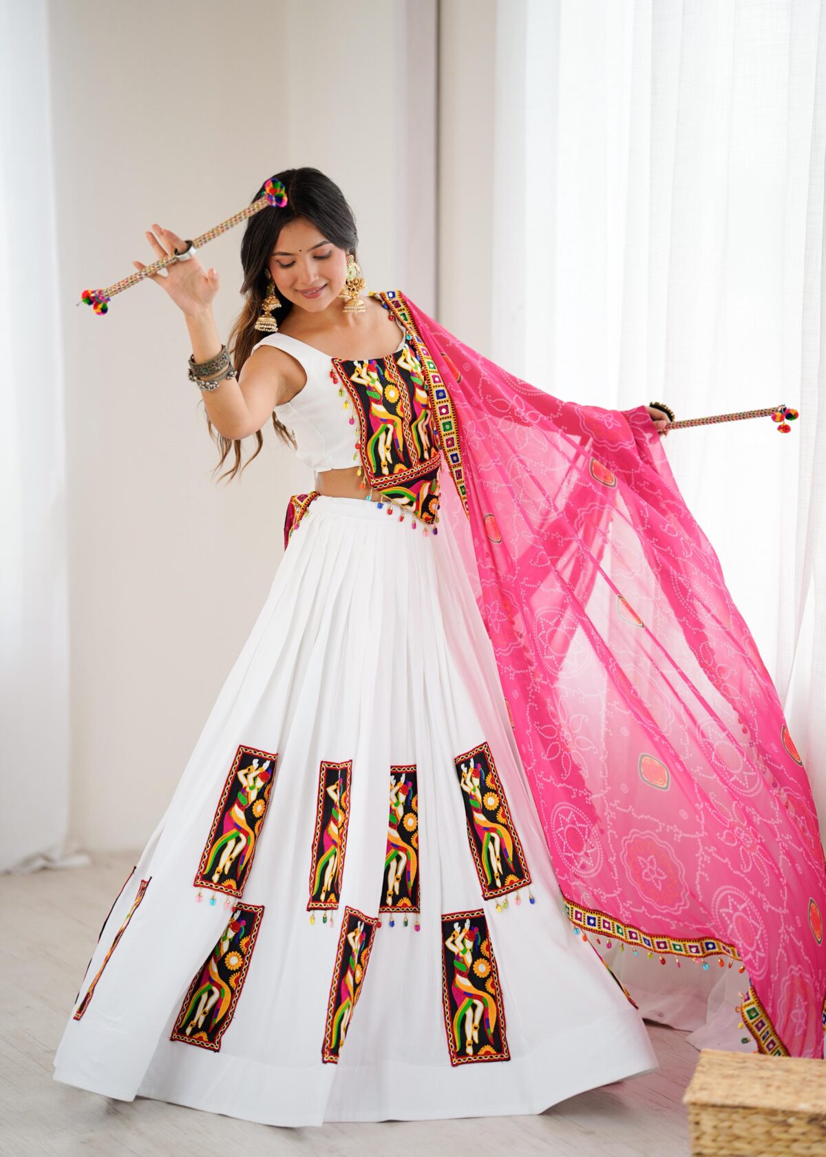 White Color Heavy Rayon Fabric Gamthi Thread Work Navratri Lehenga