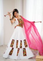 White Color Heavy Rayon Fabric Gamthi Thread Work Navratri Lehenga