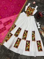 White Color Heavy Rayon Fabric Gamthi Thread Work Navratri Lehenga