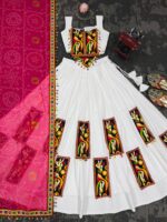 White Color Heavy Rayon Fabric Gamthi Thread Work Navratri Lehenga