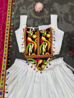 White Color Heavy Rayon Fabric Gamthi Thread Work Navratri Lehenga