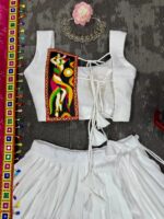 White Color Heavy Rayon Fabric Gamthi Thread Work Navratri Lehenga