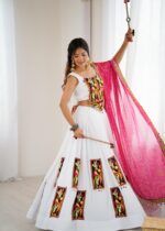 White Color Heavy Rayon Fabric Gamthi Thread Work Navratri Lehenga