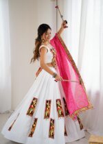 White Color Heavy Rayon Fabric Gamthi Thread Work Navratri Lehenga
