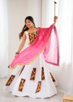 White Color Heavy Rayon Fabric Gamthi Thread Work Navratri Lehenga