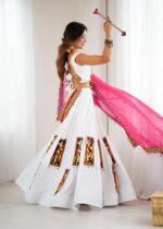 White Color Heavy Rayon Fabric Gamthi Thread Work Navratri Lehenga