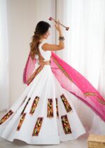 White Color Heavy Rayon Fabric Gamthi Thread Work Navratri Lehenga