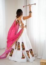 White Color Heavy Rayon Fabric Gamthi Thread Work Navratri Lehenga