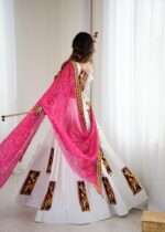White Color Heavy Rayon Fabric Gamthi Thread Work Navratri Lehenga