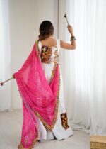 White Color Heavy Rayon Fabric Gamthi Thread Work Navratri Lehenga